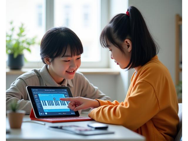 학생이 선생님과 함께 태블릿으로 음악 작곡하며 배우는 모습