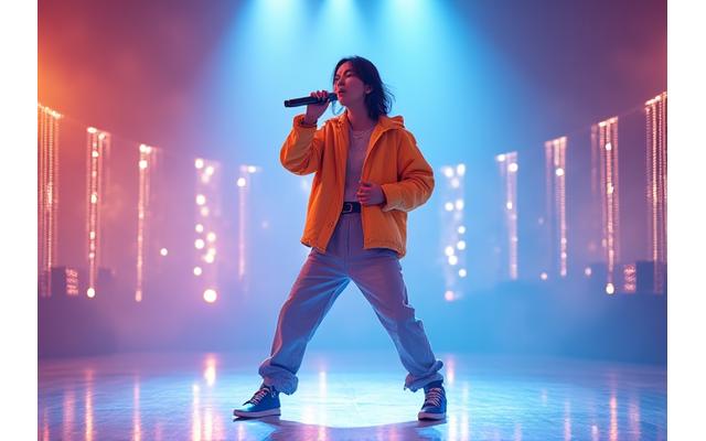 무대에서 역동적으로 춤추고 노래하는 K-Pop 아이돌 지망생