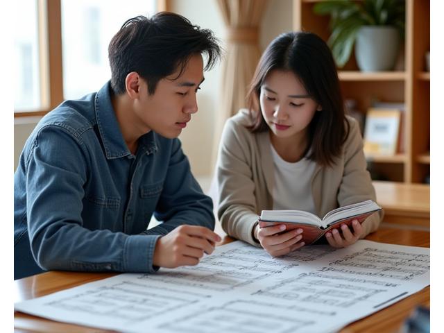 악보를 펼쳐 놓고 전문 코치와 레퍼토리를 논의하는 학생