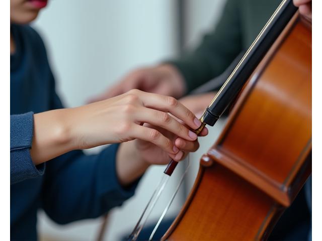 악기 연습실에서 강사와 함께 디테일한 연주 기술을 교정하는 학생