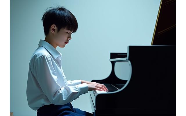 피아노 앞에서 진지하게 연주하는 학생의 모습