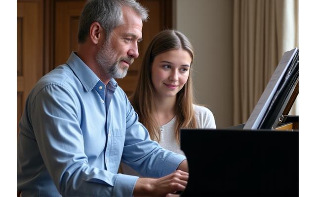 피아노 앞에서 학생과 상담하는 강사