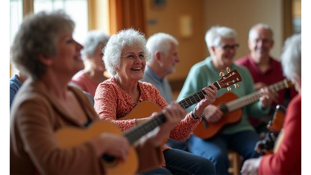성인들이 편안한 분위기에서 함께 악기를 연주하며 웃고 있는 모습