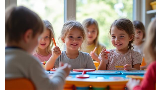 밝게 웃는 아이들이 음악 수업에서 악기를 탐험하는 모습