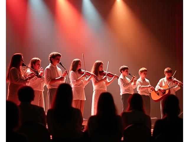 밝게 빛나는 무대에서 멜로디 마인 학생 앙상블이 활기차게 공연하는 모습