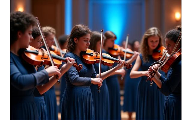 아름다운 클래식 홀에서 바이올린, 첼로 등 현악기를 연주하는 앙상블 모습