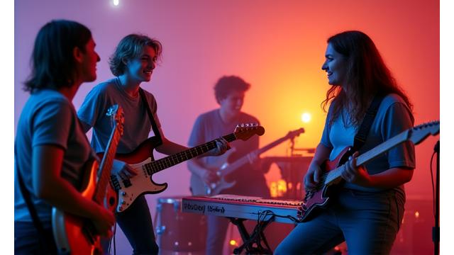 젊은 학생들이 밴드 연습실에서 기타, 드럼 등을 연주하는 역동적인 모습