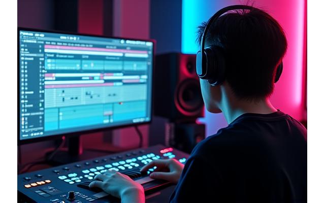 음악 스튜디오에서 프로듀서가 DAW 소프트웨어를 사용하는 모습