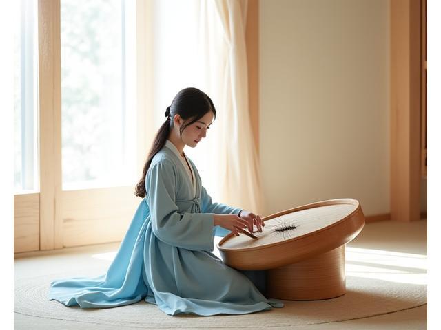 한복을 입은 연주자가 가야금을 우아하게 연주하는 모습