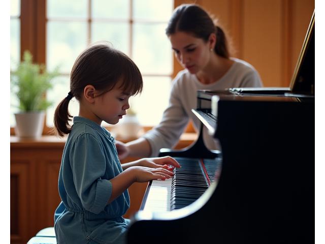 피아노를 열정적으로 연주하는 학생과 옆에서 지도하는 피아노 선생님