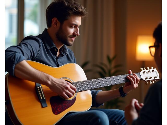 어쿠스틱 기타를 연주하는 청년과 옆에서 자세를 교정해주는 강사