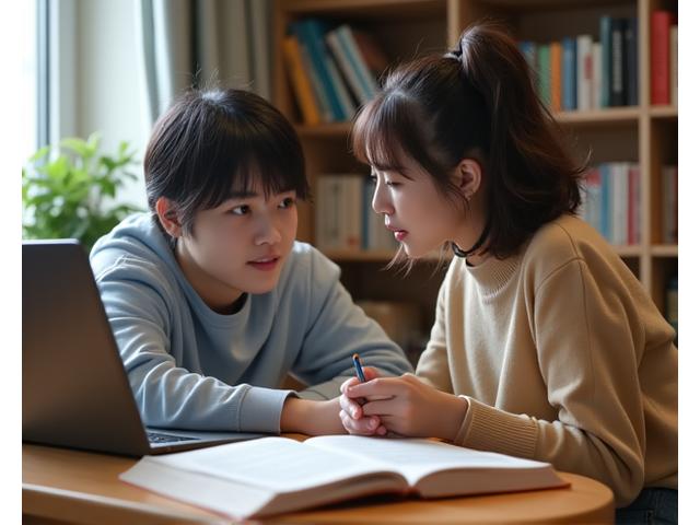 젊은 K-Pop 지망생이 학업 지도를 받으며 공부하는 모습