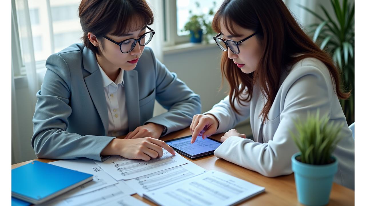 멜로디 마인드 강사와 K-Pop 지망생이 오디션 준비 자료를 함께 검토하는 모습