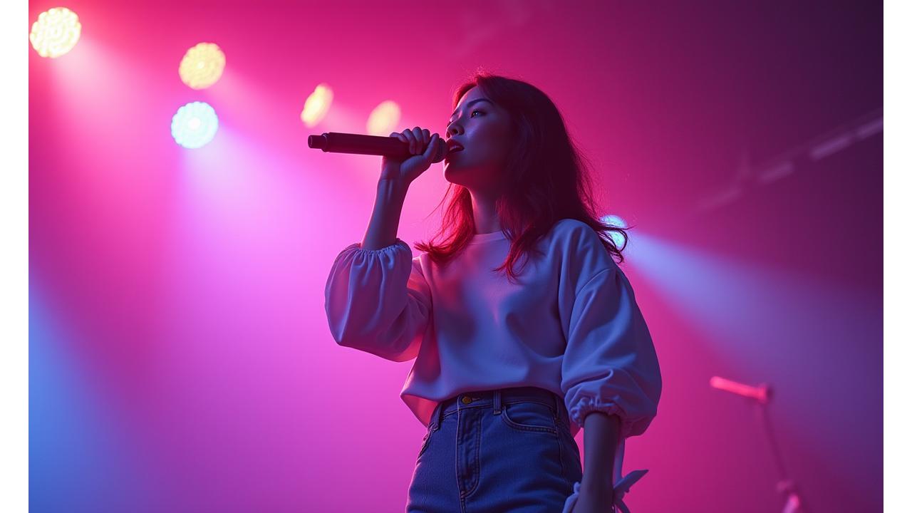 화려한 무대 조명 아래 K-Pop 아이돌 지망생이 열정적으로 노래하는 모습