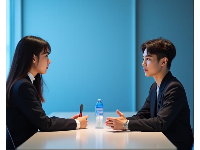 K-Pop 지망생이 미디어 트레이너와 인터뷰 연습을 하는 모습