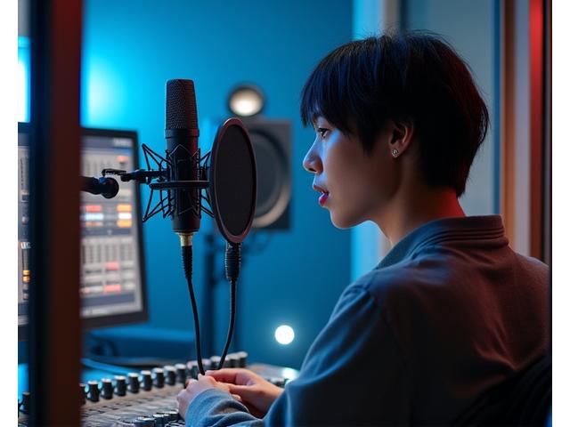 녹음 스튜디오에서 K-Pop 지망생이 마이크 앞에서 노래하고 엔지니어가 믹싱 콘솔로 조절하는 모습