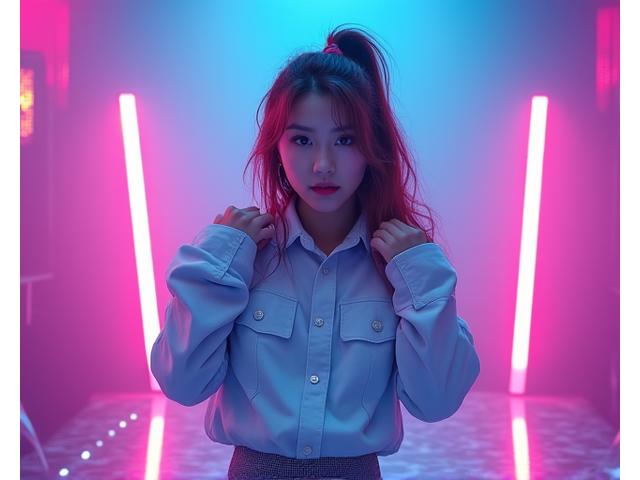 K-Pop 지망생이 강렬한 안무와 함께 무대 위에서 자신감 넘치는 표정으로 공연하는 모습