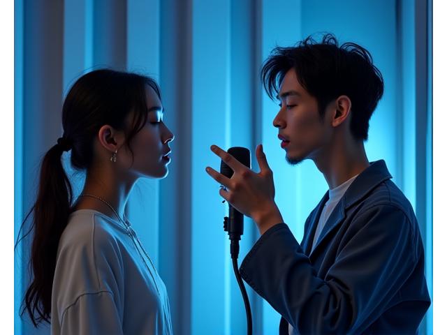 전문 보컬 코치가 마이크 앞에서 K-Pop 지망생에게 발성법을 지도하는 모습