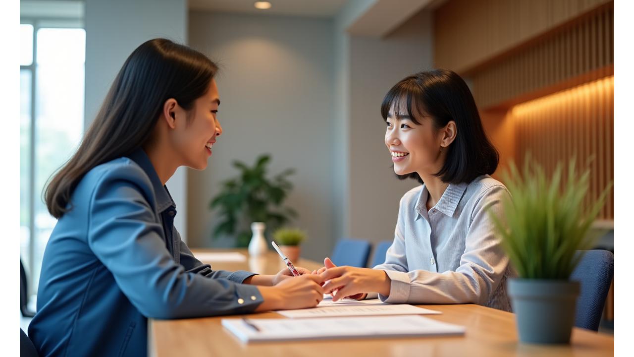 강사와 상담하며 음악 프로덕션 교육 경로를 논의하는 학생