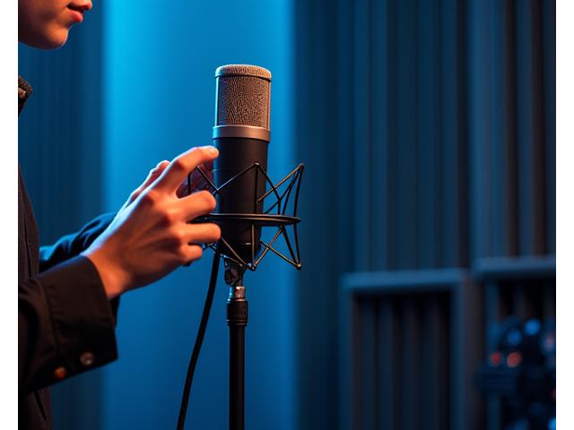 보컬 레코딩을 위해 스튜디오 마이크를 조정하는 엔지니어의 손