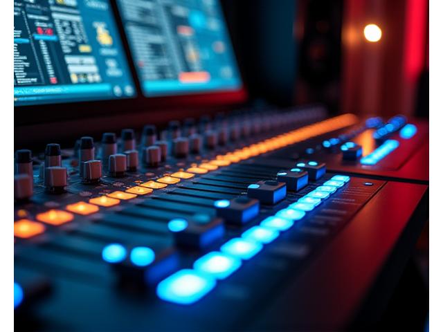 다양한 채널 스트립과 플러그인 인터페이스가 보이는 믹싱 콘솔