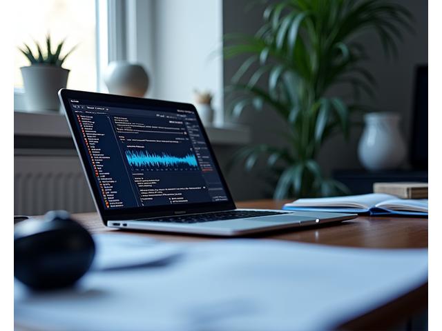 노트북 화면에 프로젝트 관리 소프트웨어와 음악 파형이 보이는 이미지