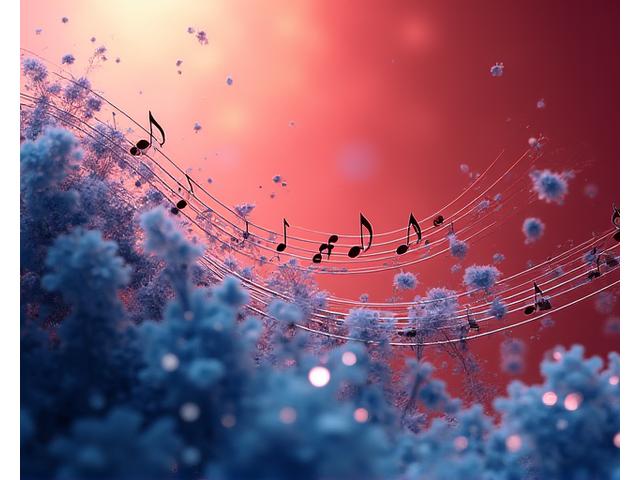 한국 전통 악기와 서양 오케스트라 악보가 조화롭게 어우러진 추상적인 음악적 풍경