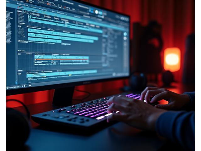 디지털 오디오 워크스테이션(DAW) 화면을 보고 있는 현대 음악 작곡가의 손