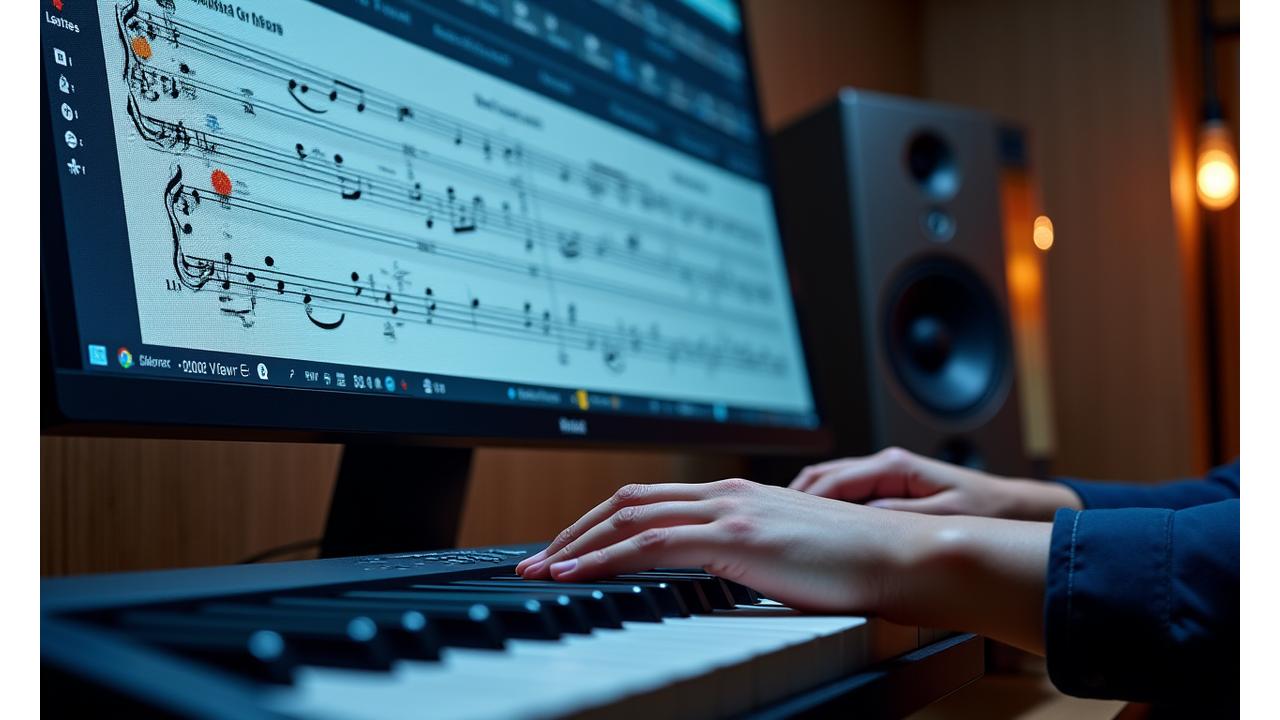 작곡 소프트웨어와 악보가 어우러진 현대적인 작업 공간에서 음악 이론을 시각화하는 모습