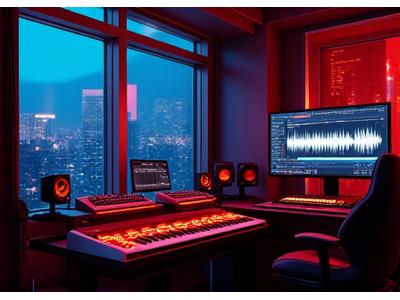 미래 지향적인 신디사이저와 드럼 머신이 보이는 일렉트로닉 음악 스튜디오