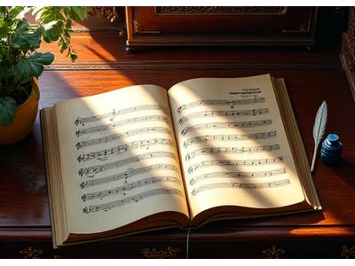 아름다운 오케스트라 악보가 펼쳐져 있는 고전 음악 작곡가의 책상