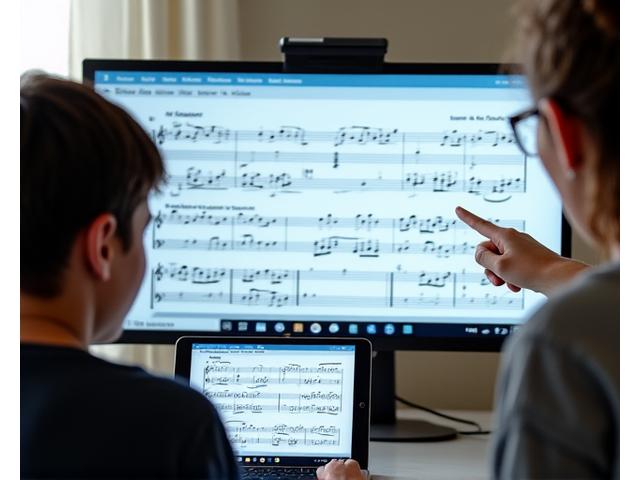 선생님과 학생이 실시간으로 악보를 공유하며 배우는 모습