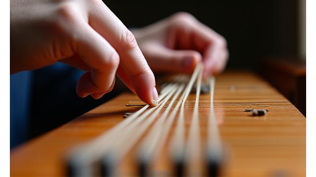 가야금 연주자가 현을 뜯는 손가락 클로즈업