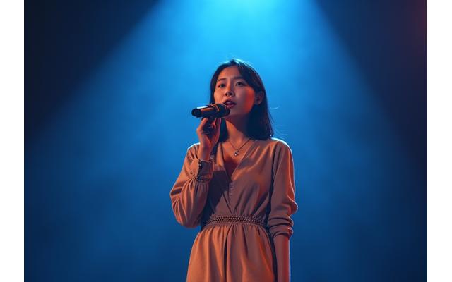 오디션 준비를 하는 가수가 심사위원 앞에서 노래하는 모습