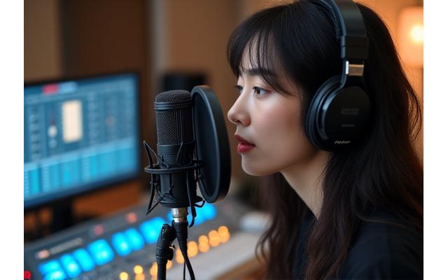 녹음실에서 헤드폰을 끼고 노래하는 가수