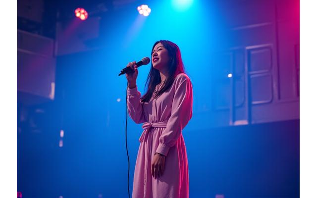 자신감 있게 무대에서 노래하는 보컬