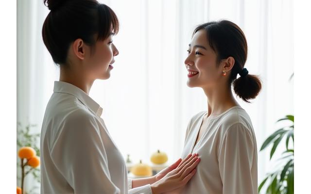 보컬 트레이너가 횡경막 호흡법을 시연하는 모습